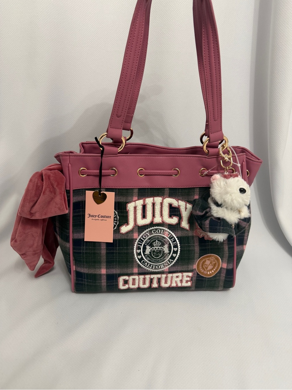Juicy Couture Pink Plaid Daydreamer Tote Bag with Charm